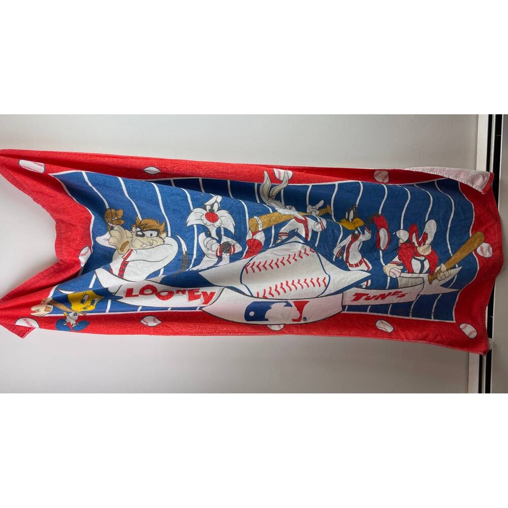 VINTAGE Looney Tunes MLB Blue Red White Baseball VTG Beach Towel